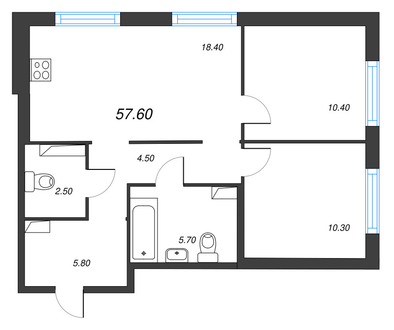 3-комнатная (Евро) квартира, 57.6 м² в ЖК "Струны" - планировка, фото №1