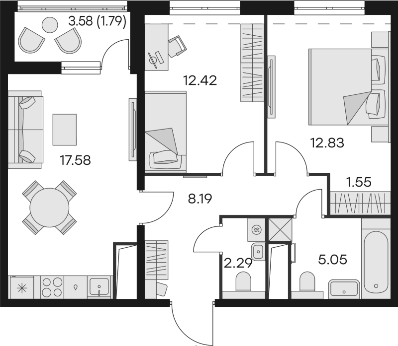 2-комнатная квартира, 61.7 м² в ЖК "GloraX Заневский" - планировка, фото №1
