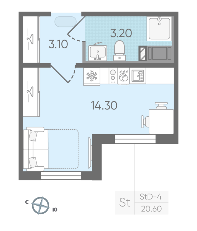 Квартира-студия, 20.6 м² в ЖК "Цветной город" - планировка, фото №1