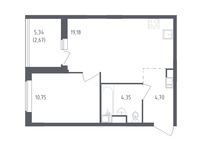 2-комнатная (Евро) квартира, 41.65 м² - планировка, фото №1