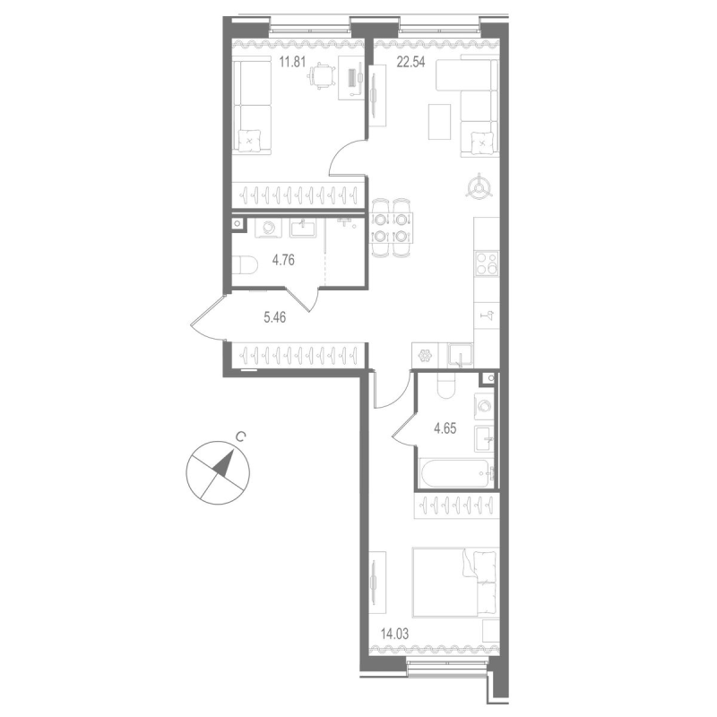 3-комнатная (Евро) квартира, 63.25 м² в ЖК "Остров Первых" - планировка, фото №1