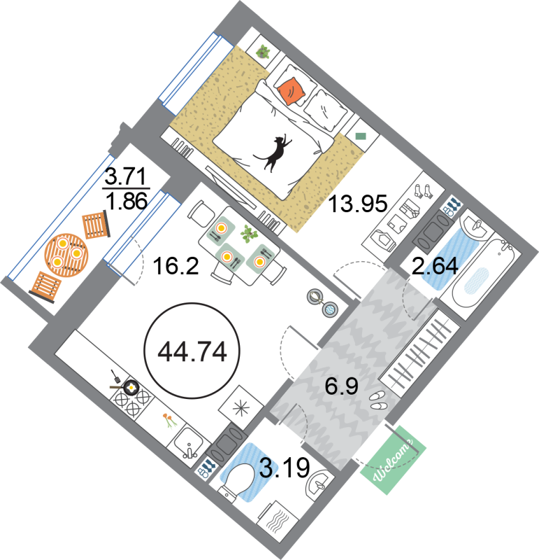 2-комнатная (Евро) квартира, 44.74 м² - планировка, фото №1
