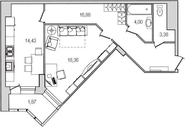 1-комнатная квартира, 60.7 м² в ЖК "Шекспир" - планировка, фото №1