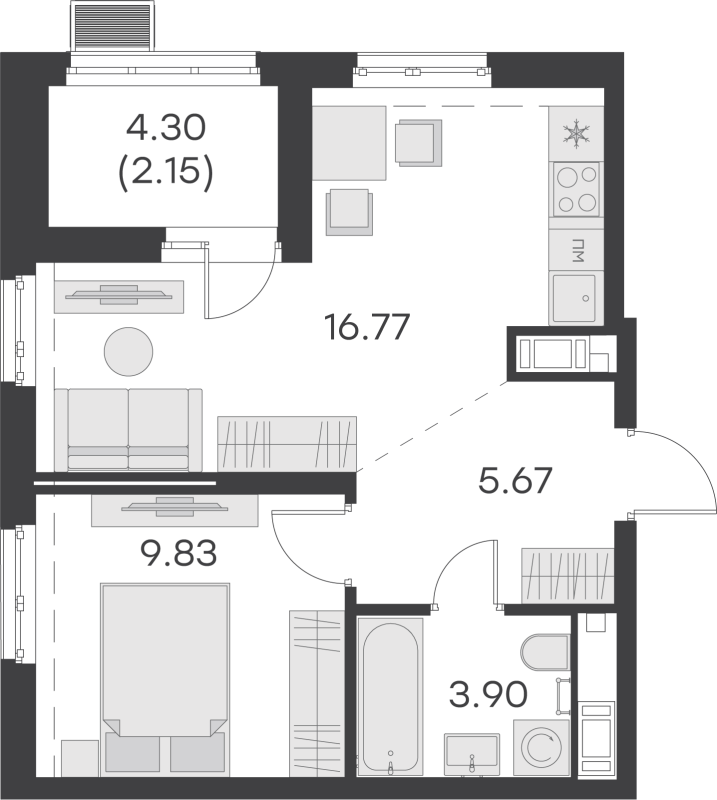 2-комнатная (Евро) квартира, 38.32 м² - планировка, фото №1