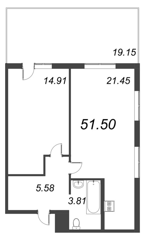 2-комнатная (Евро) квартира, 51.5 м² - планировка, фото №1