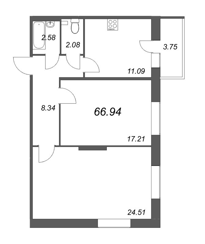 2-комнатная квартира, 66.2 м² в ЖК "СМАРТ" - планировка, фото №1
