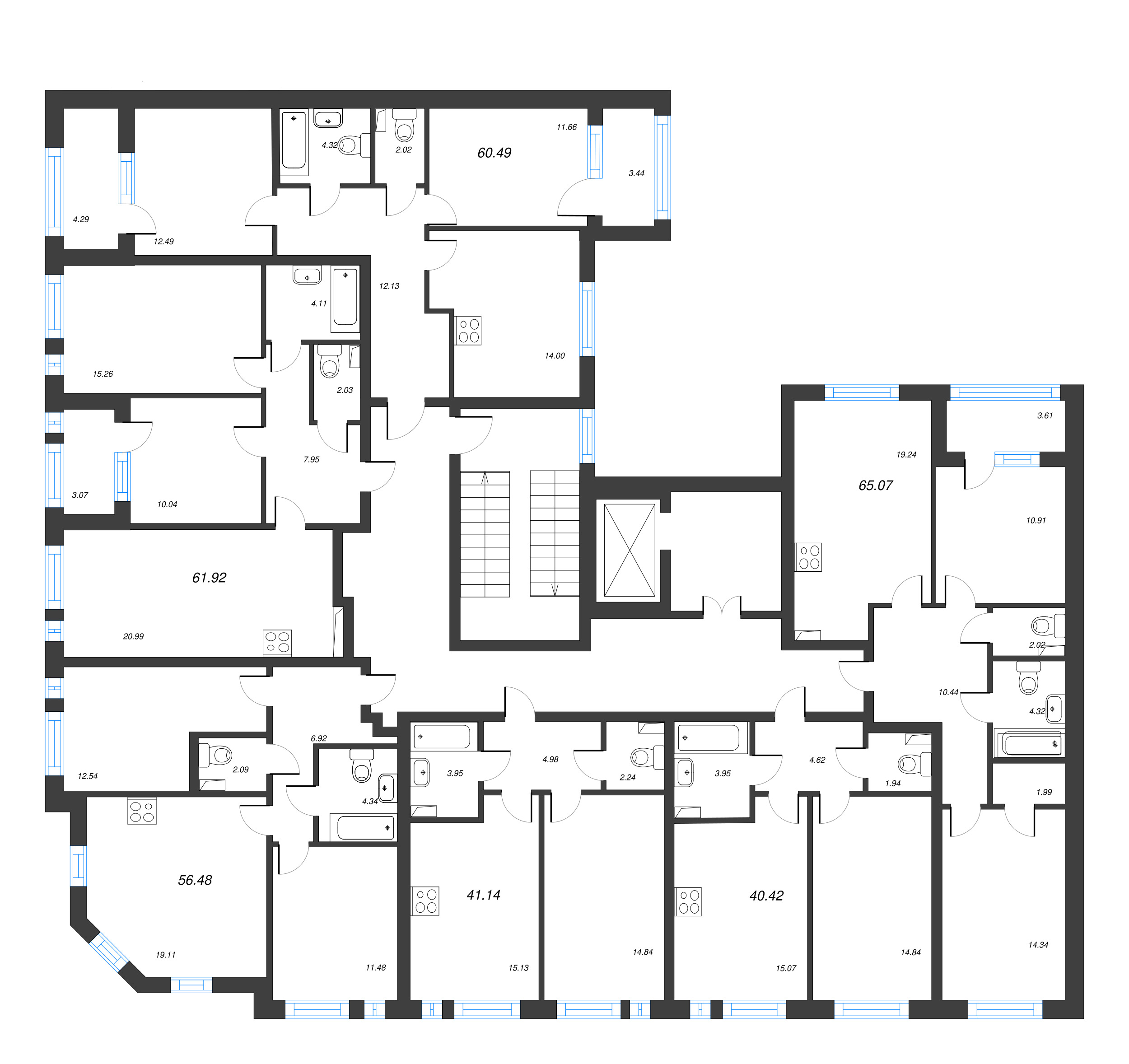 3-комнатная (Евро) квартира, 65.07 м² - планировка этажа