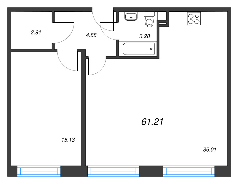 2-комнатная (Евро) квартира, 61.21 м² - планировка, фото №1