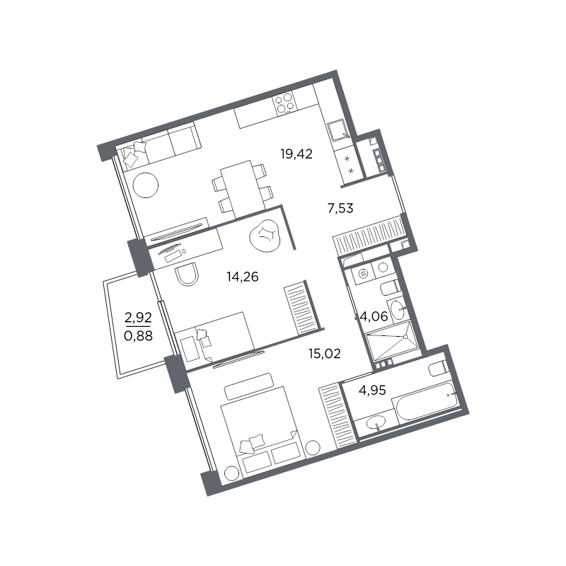 3-комнатная (Евро) квартира, 66.12 м² в ЖК "Акватория" - планировка, фото №1