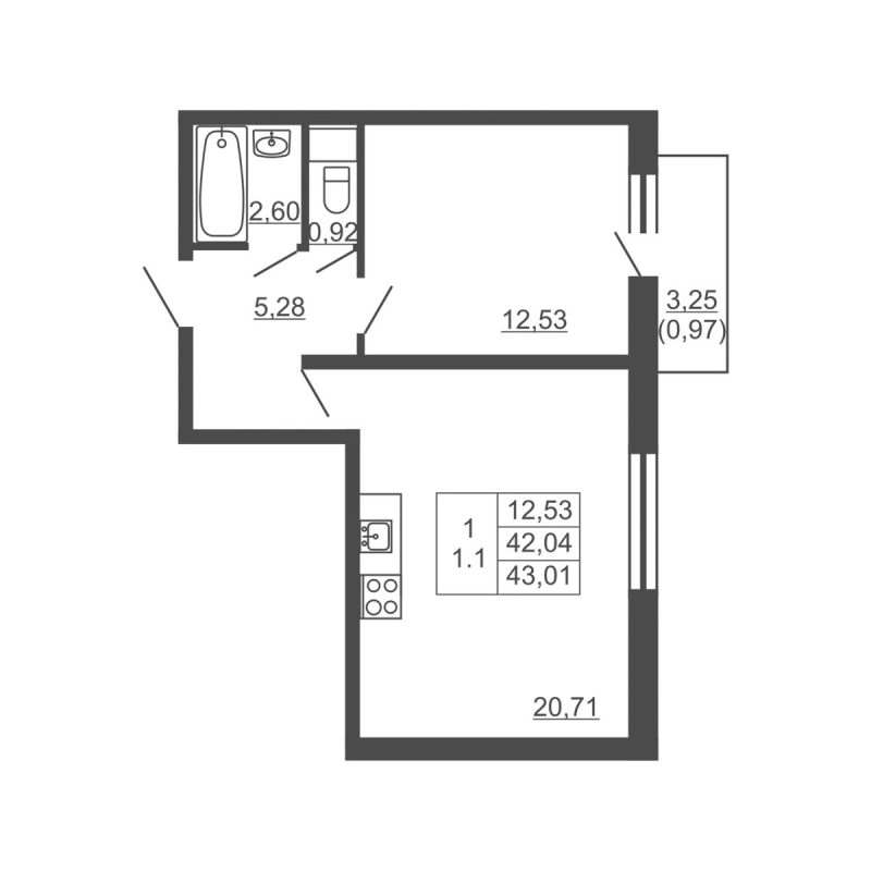 2-комнатная (Евро) квартира, 43.01 м² в ЖК "Тандем" - планировка, фото №1