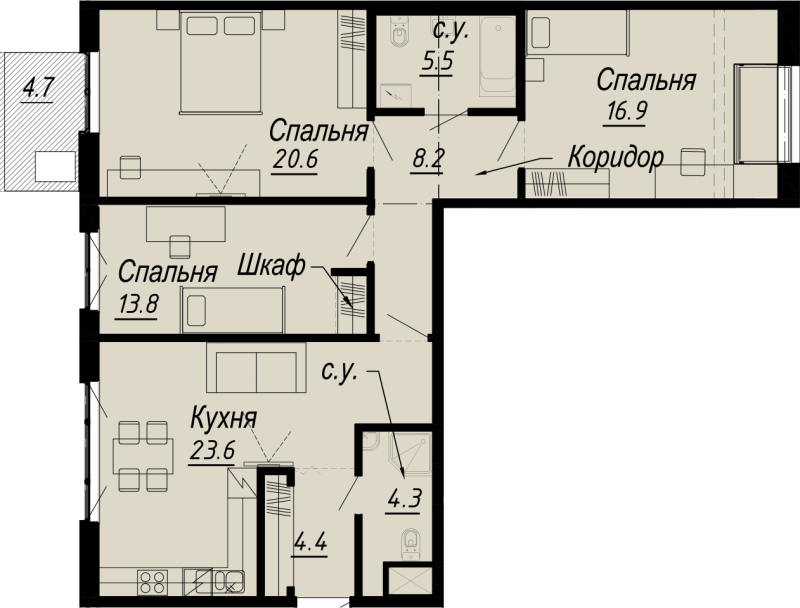 4-комнатная (Евро) квартира, 99.6 м² - планировка, фото №1