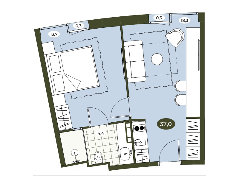 2-комнатная (Евро) квартира, 36.8 м² в ЖК "Место в Рощино" - планировка, фото №1