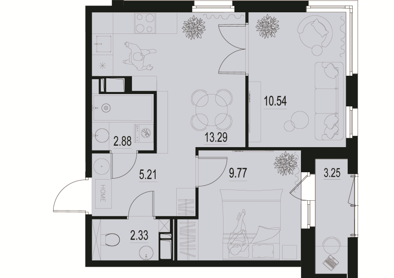 2-комнатная квартира, 45.64 м² - планировка, фото №1