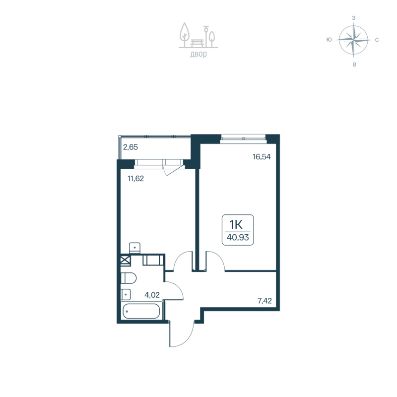 1-комнатная квартира, 40.93 м² в ЖК "Расцветай в Янино" - планировка, фото №1