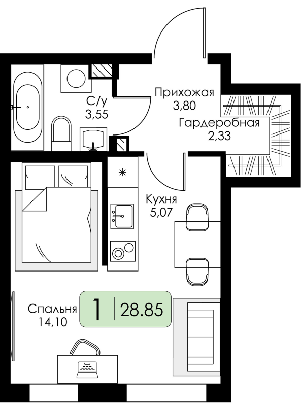 Квартира-студия, 28.85 м² в ЖК "Всевгород" - планировка, фото №1