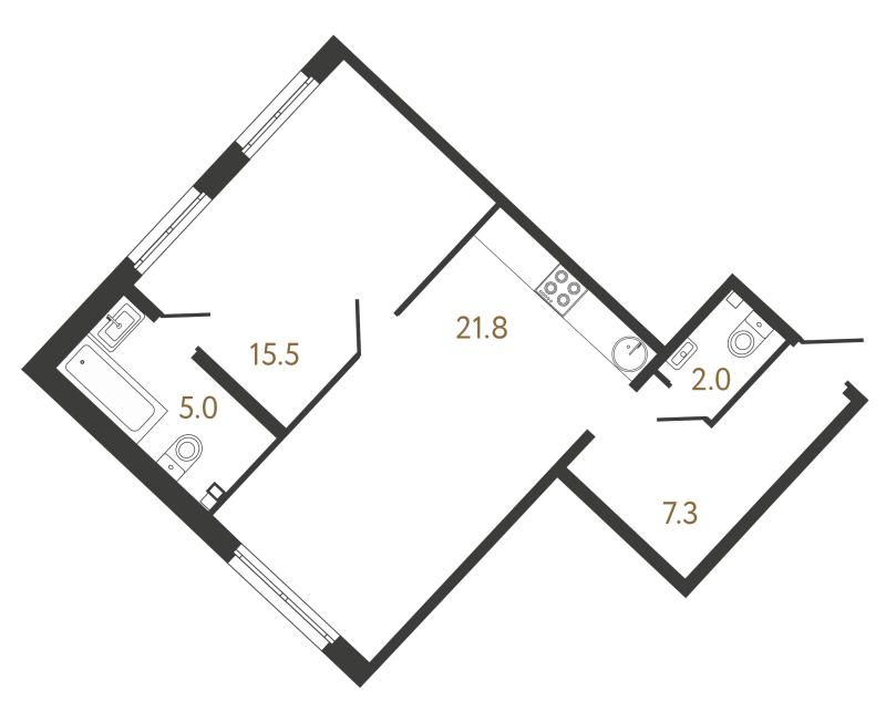 2-комнатная (Евро) квартира, 51.6 м² - планировка, фото №1