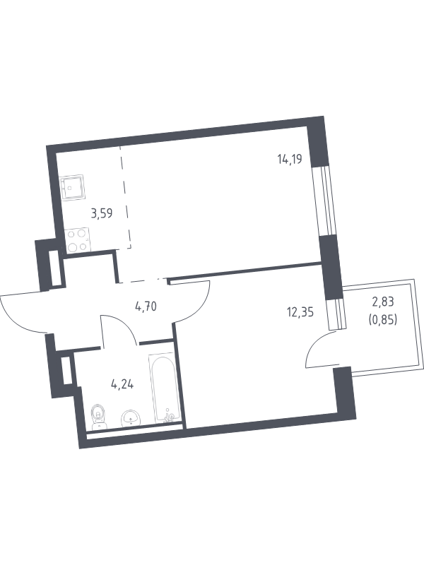 2-комнатная (Евро) квартира, 39.92 м² в ЖК "Квартал Лаголово" - планировка, фото №1