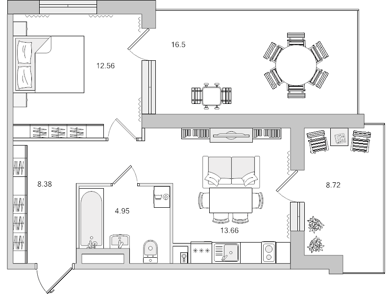 2-комнатная (Евро) квартира, 64.77 м² в ЖК "Город Первых" - планировка, фото №1
