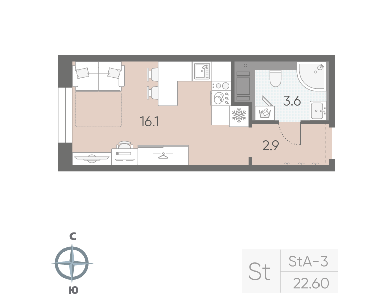 Квартира-студия, 22.6 м² в ЖК "Большая Охта" - планировка, фото №1
