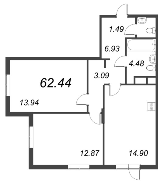 3-комнатная (Евро) квартира, 62.44 м² в ЖК "VEREN NORT сертолово" - планировка, фото №1