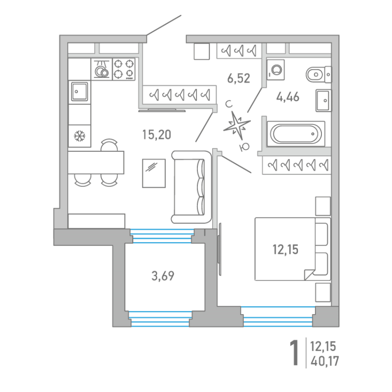 2-комнатная (Евро) квартира, 40.17 м² - планировка, фото №1