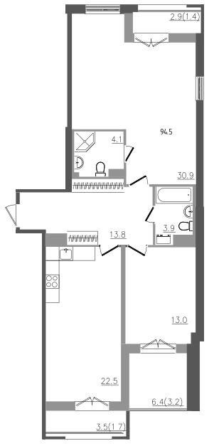 3-комнатная (Евро) квартира, 94.5 м² в ЖК "Upoint" - планировка, фото №1