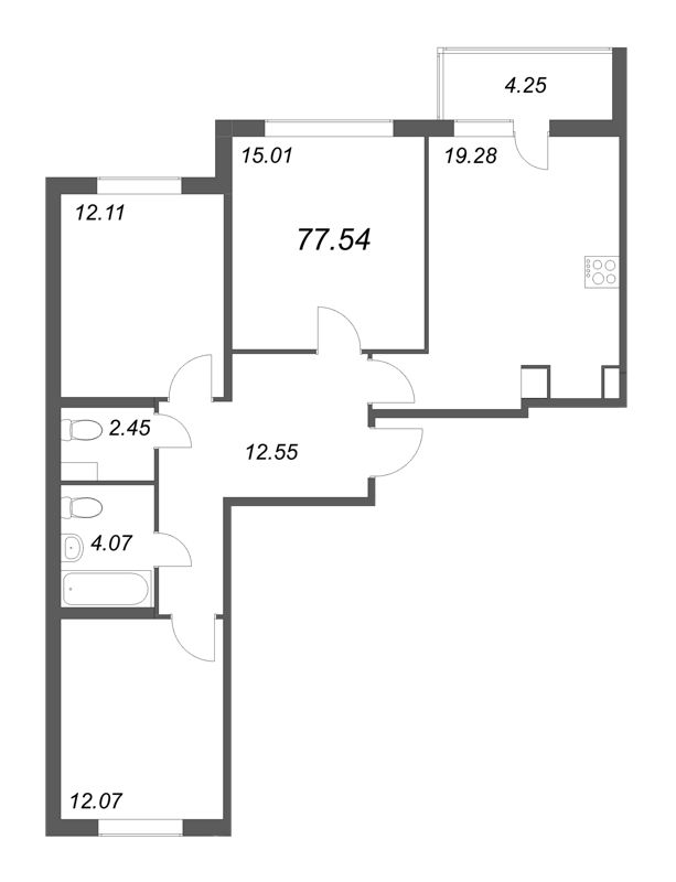 4-комнатная (Евро) квартира, 77.54 м² в ЖК "Ясно.Янино" - планировка, фото №1