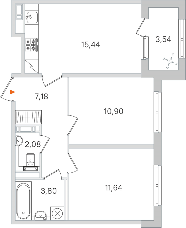 3-комнатная (Евро) квартира, 51.04 м² в ЖК "Дубровский" - планировка, фото №1