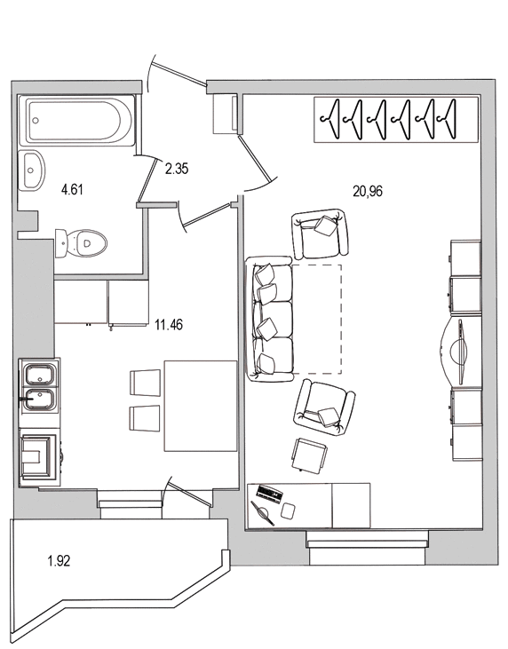 1-комнатная квартира, 42.8 м² - планировка, фото №1