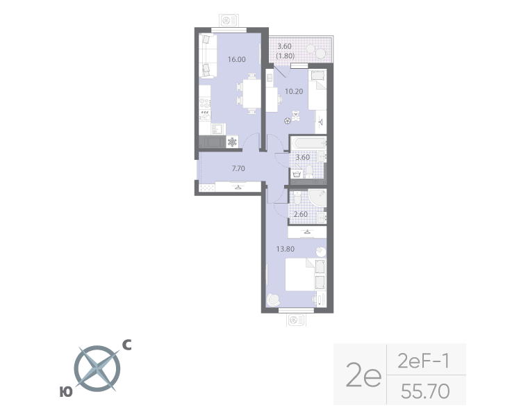 3-комнатная (Евро) квартира, 55.7 м² в ЖК "Зеркальный ручей" - планировка, фото №1
