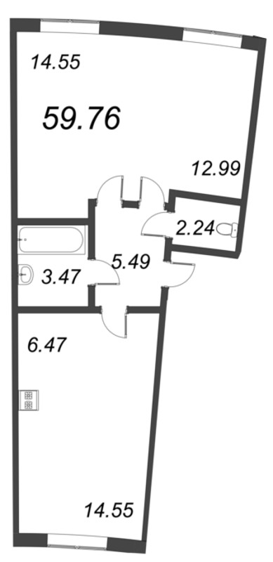 3-комнатная (Евро) квартира, 59.76 м² - планировка, фото №1