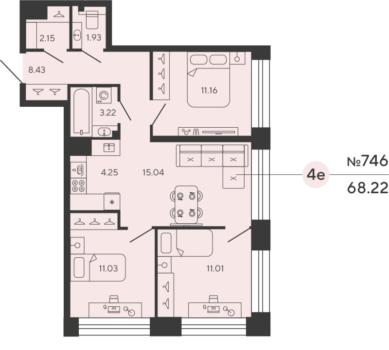 4-комнатная (Евро) квартира, 68.22 м² в ЖК "Bashni Element" - планировка, фото №1