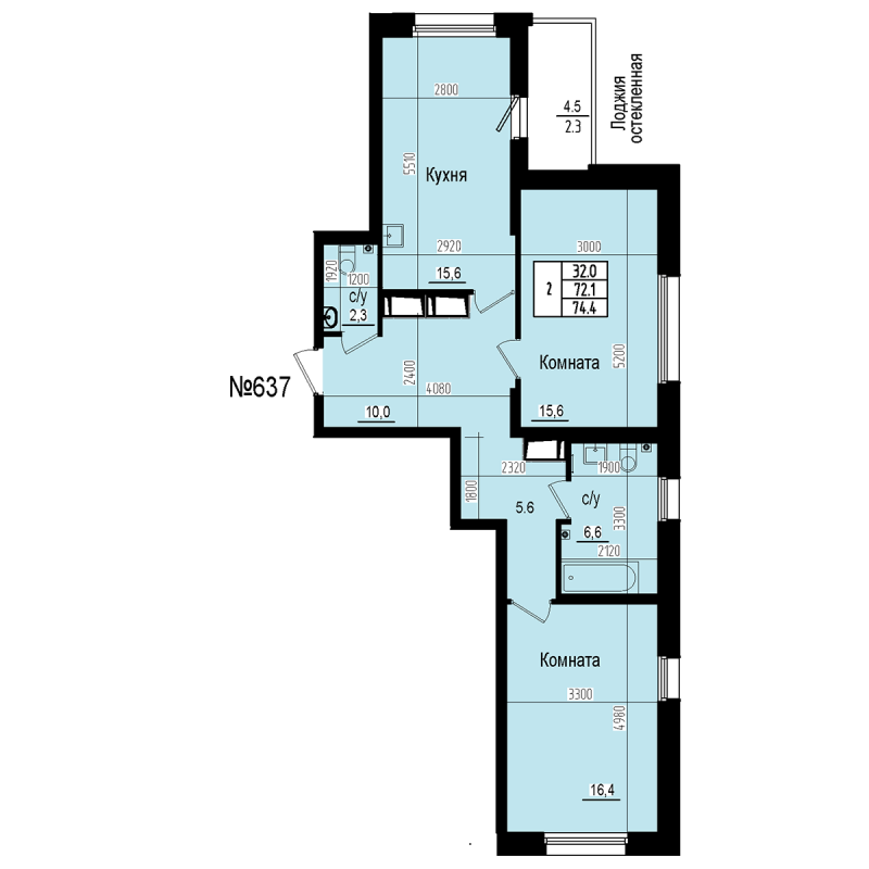 3-комнатная (Евро) квартира, 74.4 м² в ЖК "ПРАГМА СИТИ" - планировка, фото №1