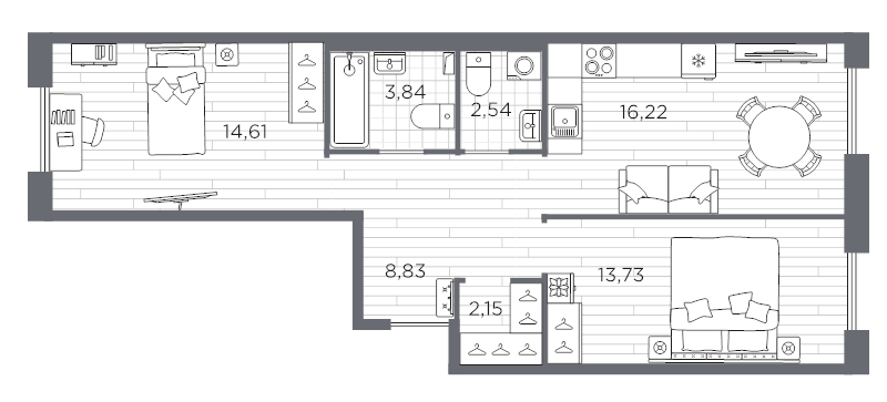 3-комнатная (Евро) квартира, 61.92 м² в ЖК "Сезоны" - планировка, фото №1