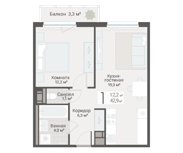 2-комнатная (Евро) квартира, 42.9 м² в ЖК "Руднева 15" - планировка, фото №1