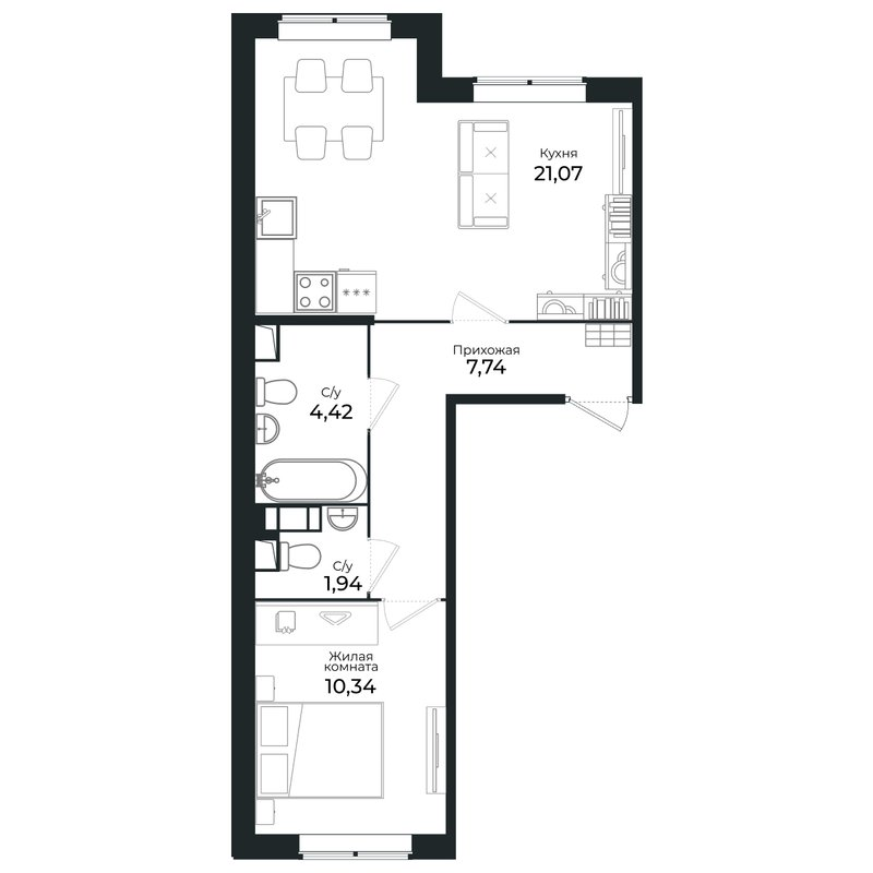 2-комнатная (Евро) квартира, 44.7 м² в ЖК "Сертолово Парк" - планировка, фото №1
