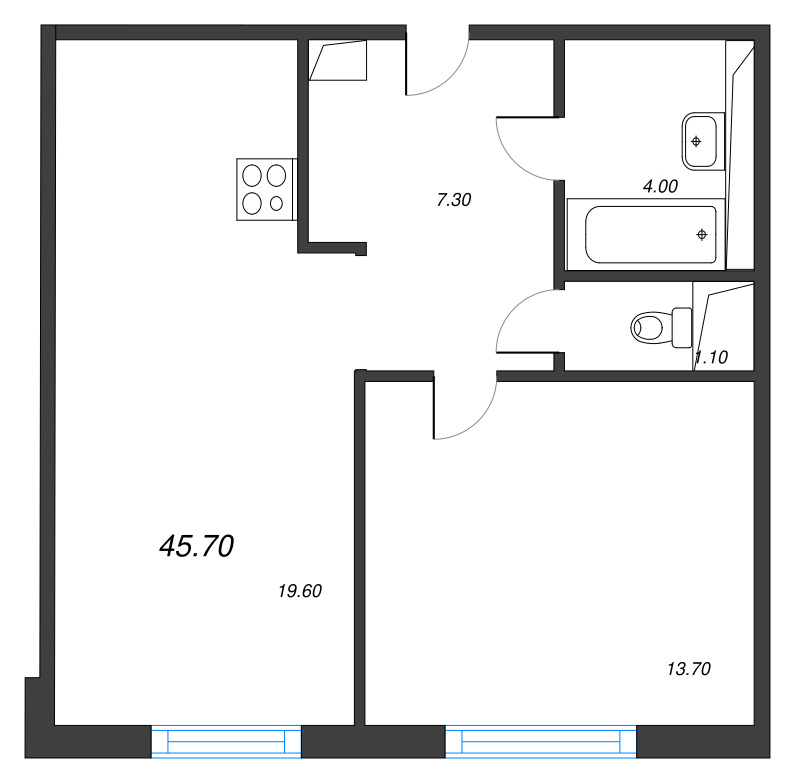 2-комнатная (Евро) квартира, 45.7 м² в ЖК "Руднева 15" - планировка, фото №1