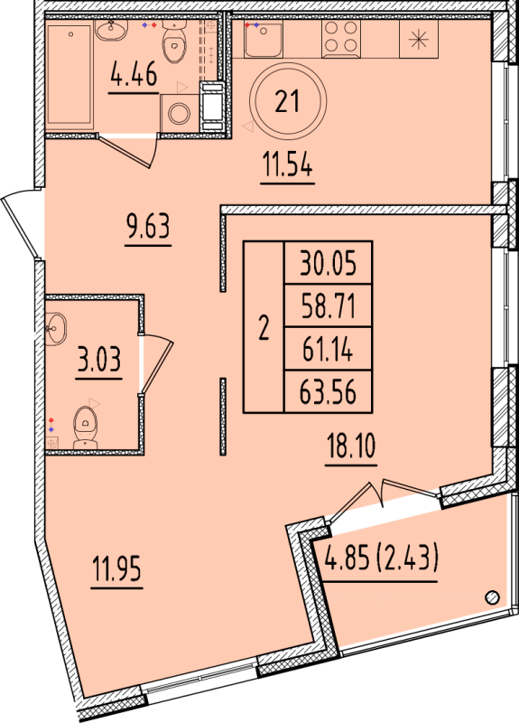 2-комнатная квартира, 58.71 м² - планировка, фото №1