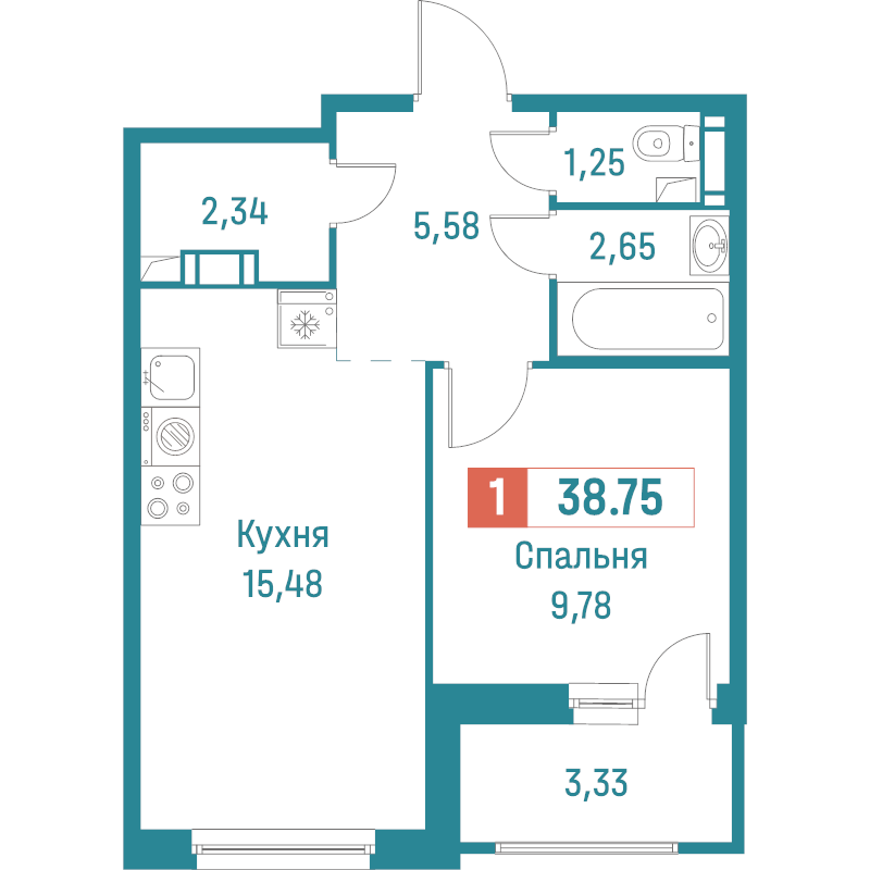 2-комнатная (Евро) квартира, 38.75 м² в ЖК "Графика" - планировка, фото №1