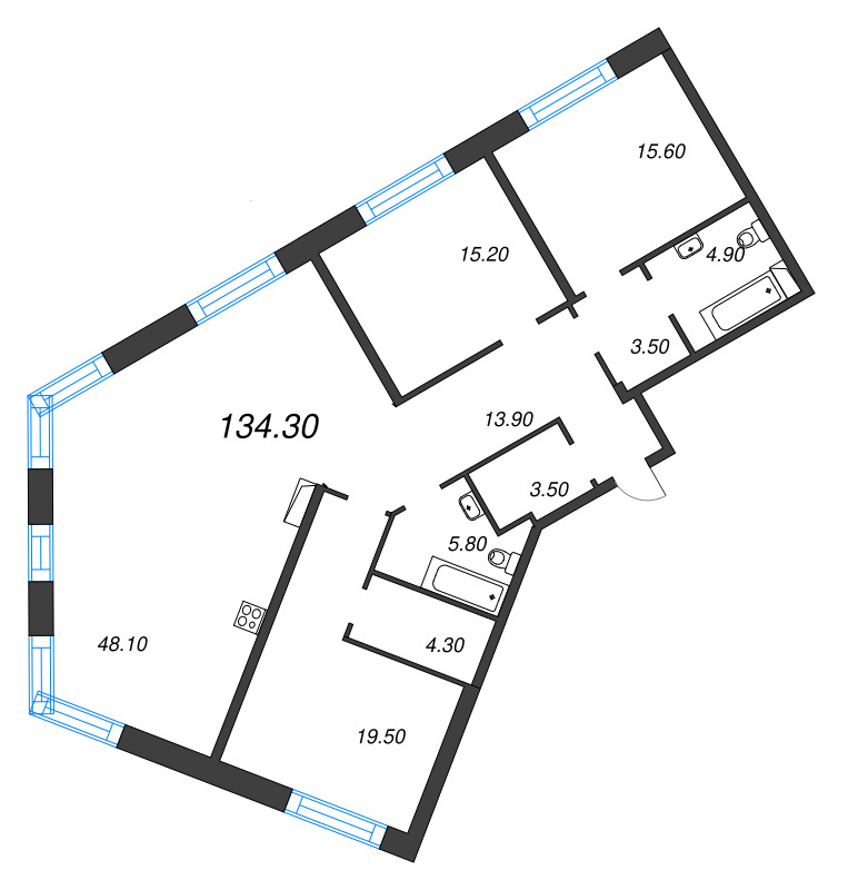 4-комнатная (Евро) квартира, 134.3 м² в ЖК "ЛДМ" - планировка, фото №1