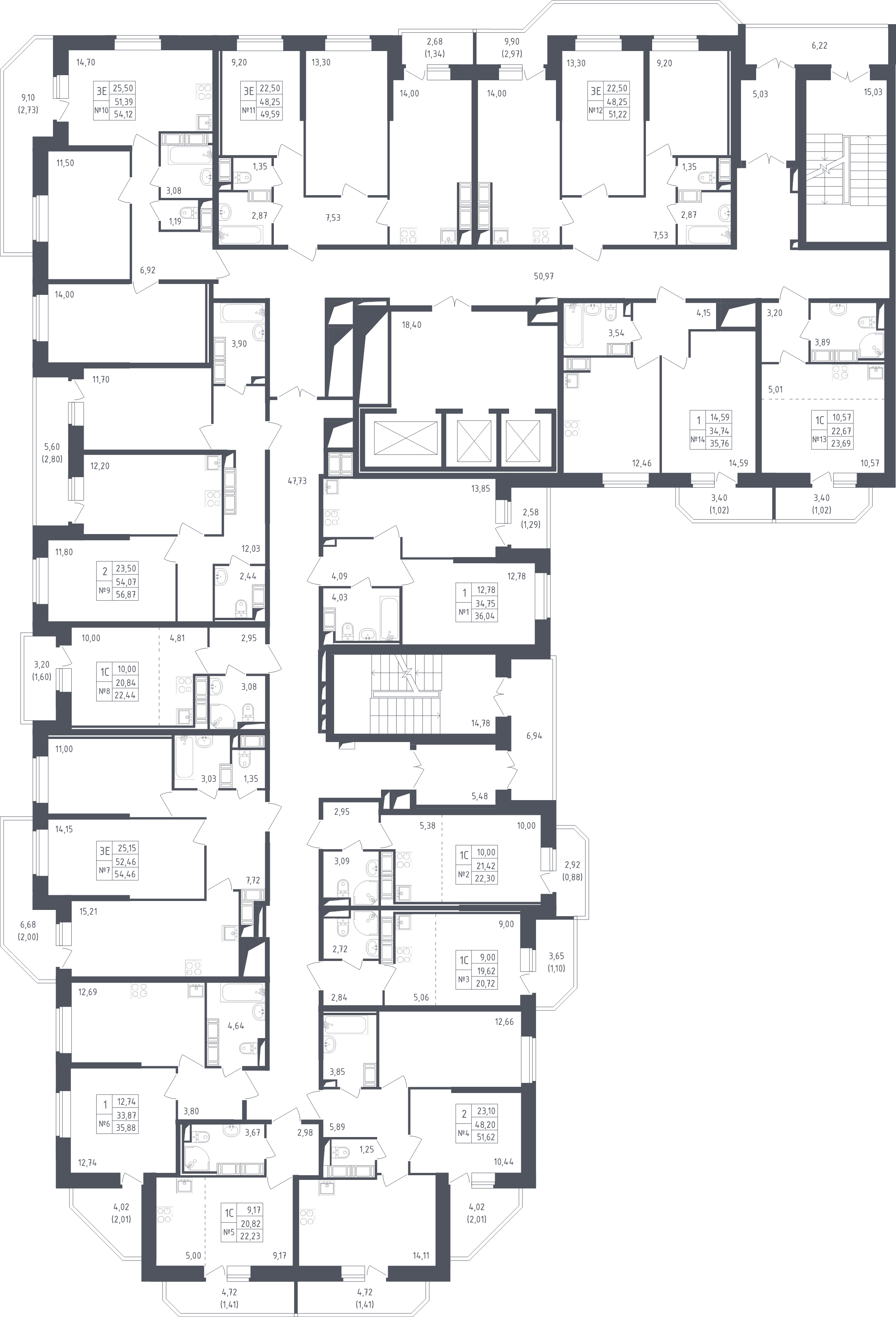 3-комнатная (Евро) квартира, 54.46 м² - планировка этажа