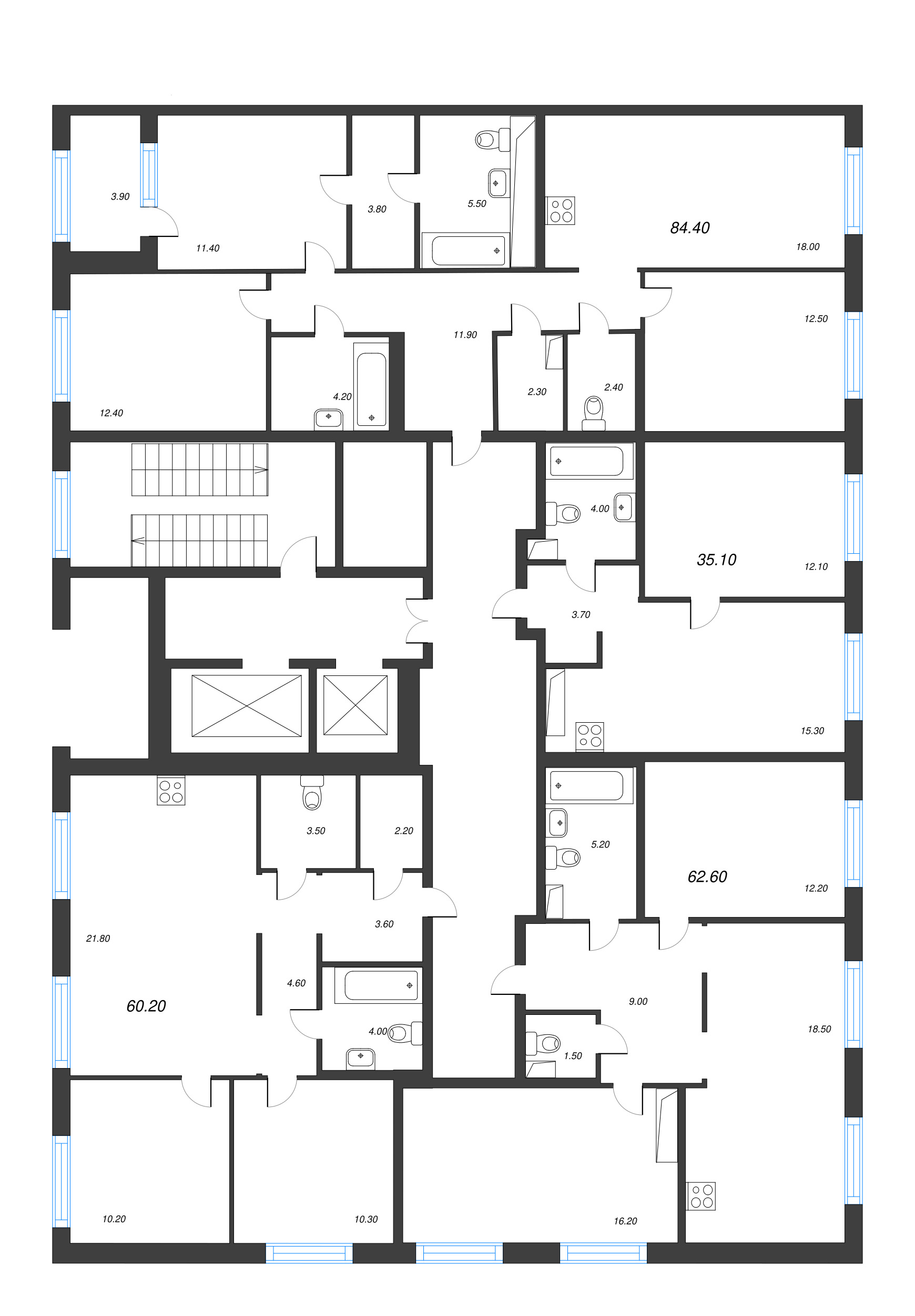 4-комнатная (Евро) квартира, 84.4 м² в ЖК "Струны" - планировка этажа