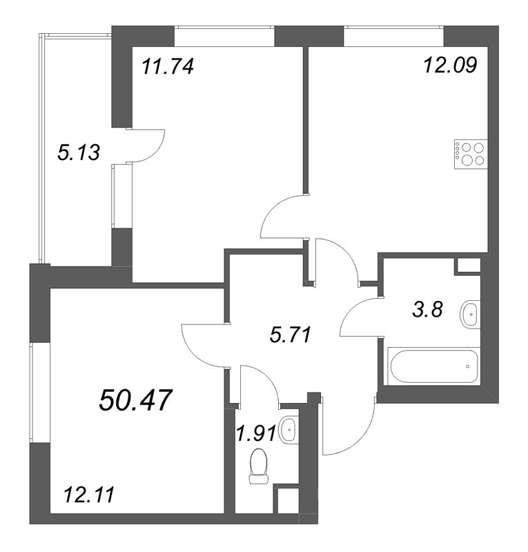 2-комнатная квартира, 50.47 м² в ЖК "Аквилон Солар" - планировка, фото №1
