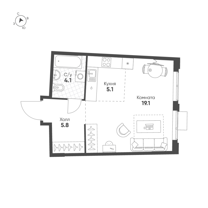 Квартира-студия, 34.1 м² в ЖК "Ягодное Река Парк" - планировка, фото №1