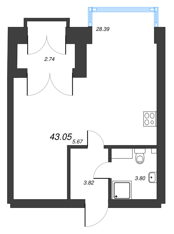 1-комнатная квартира, 43.05 м² - планировка, фото №1