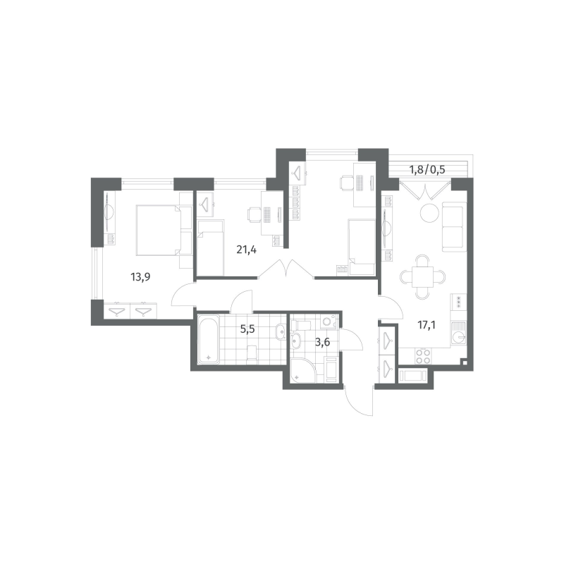 2-комнатная квартира, 73.4 м² - планировка, фото №1