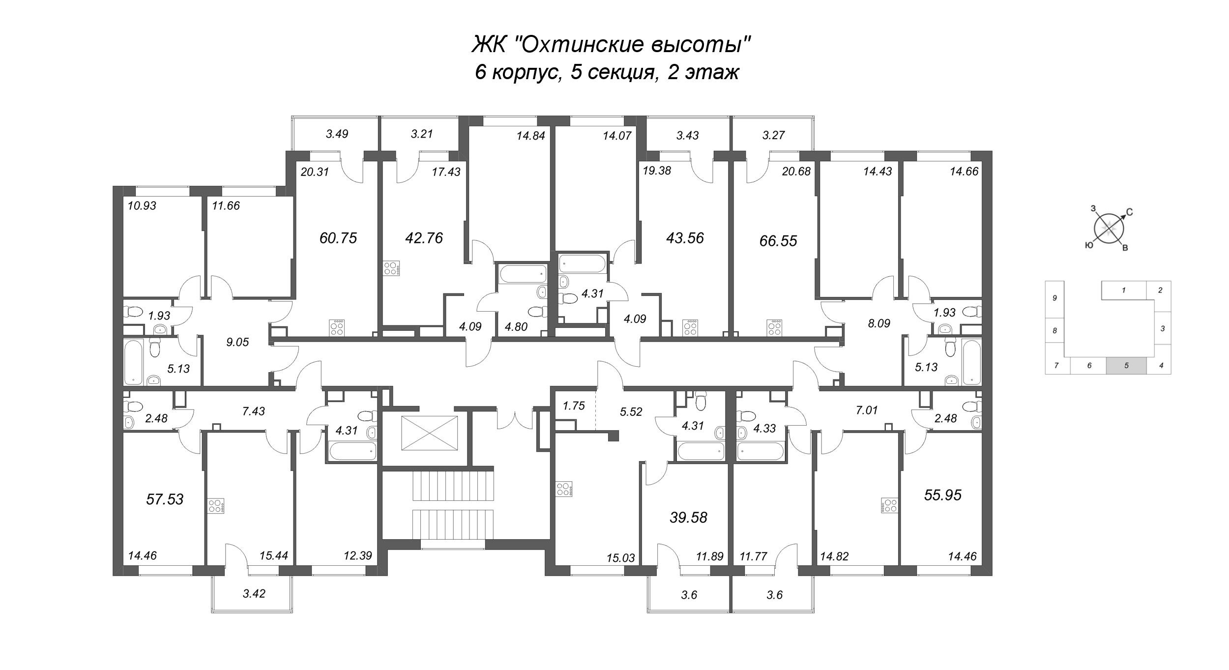 3-комнатная (Евро) квартира, 57.53 м² в ЖК "Охтинские высоты" - планировка этажа