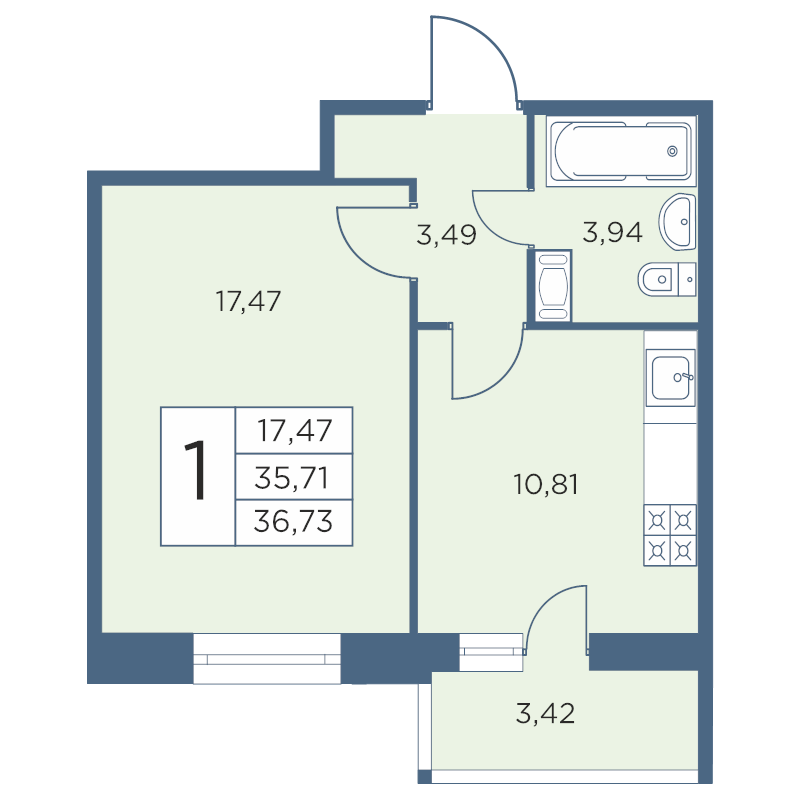 1-комнатная квартира, 36.73 м² - планировка, фото №1