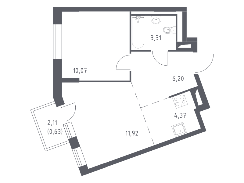 2-комнатная (Евро) квартира, 36.5 м² - планировка, фото №1