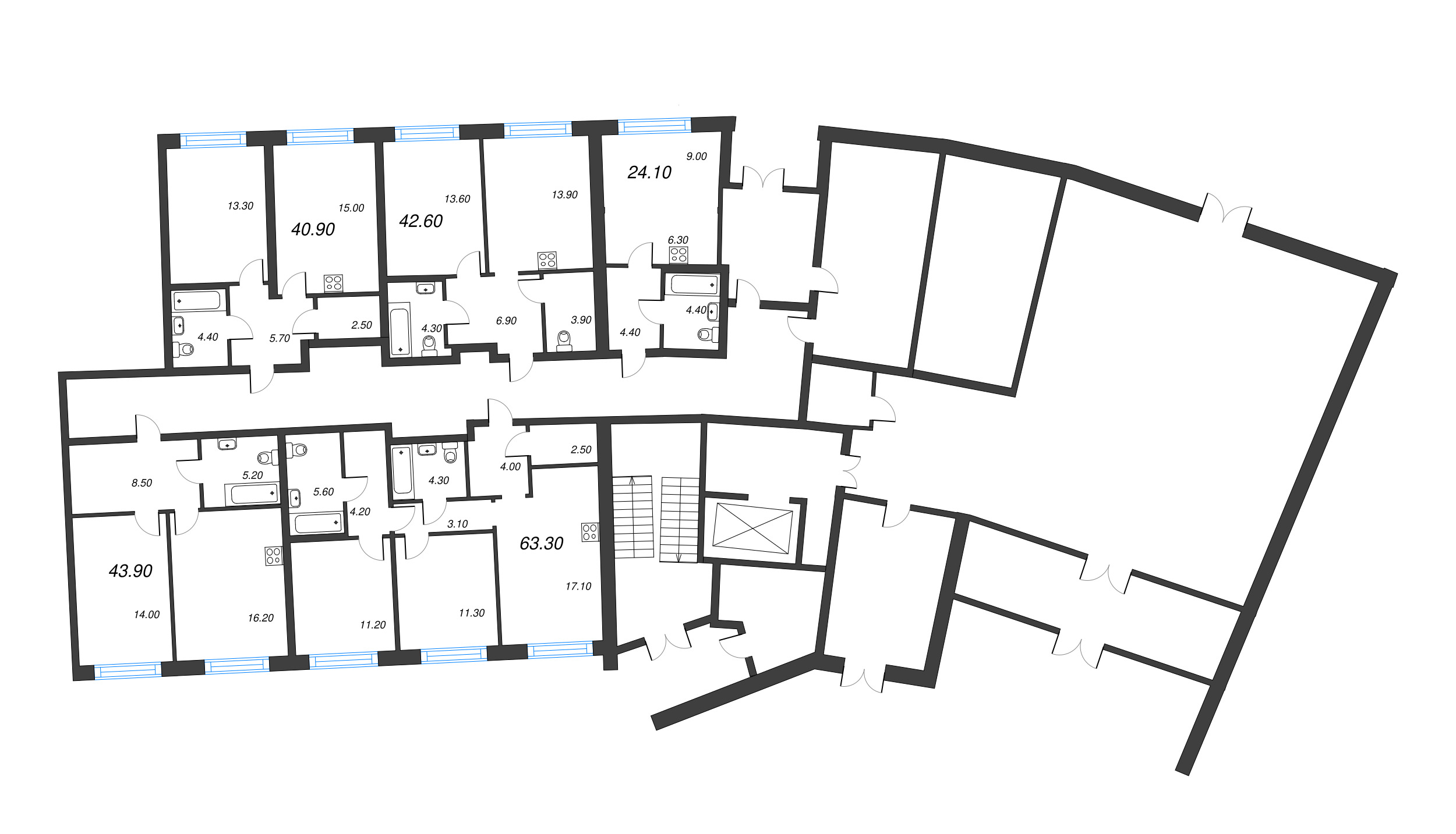 2-комнатная (Евро) квартира, 43.9 м² в ЖК "Цвет Зеленогорска" - планировка этажа